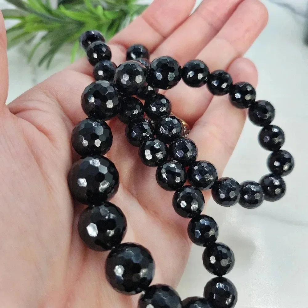 Vintage Black Glass Bead Necklace Faceted Sparkle 18